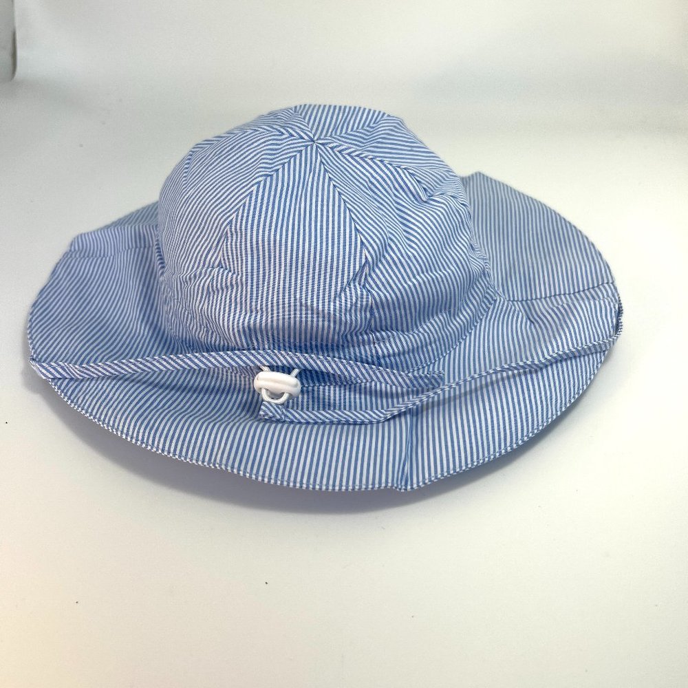 Light Blue/White Striped Toddler Sun Hat Adjustable Sz. 52 (2-4 yrs.) Ties Brim